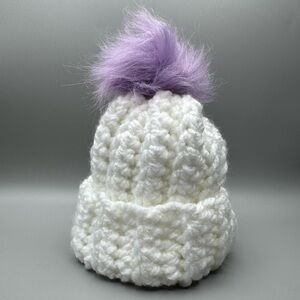 White Knit Kids Hat with Purple Pom